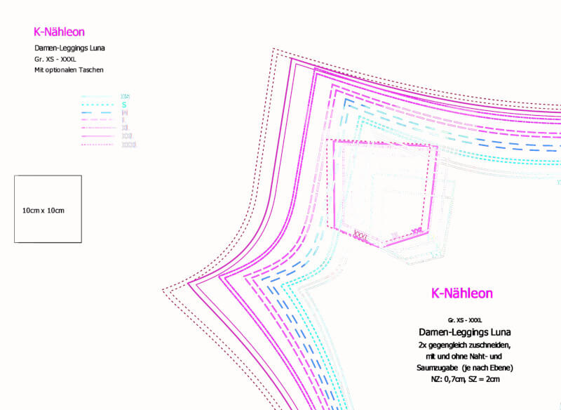 Schnittmuster mit Ebenen mit Nahtzugabe und Saumzugabe